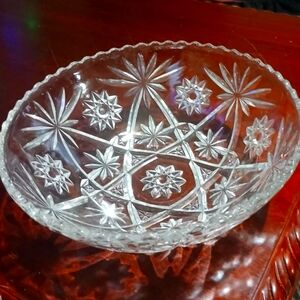 Antique Anchor Hocking Glass Deep Cut Bowl Sunburst Star Of David Star 10.5"